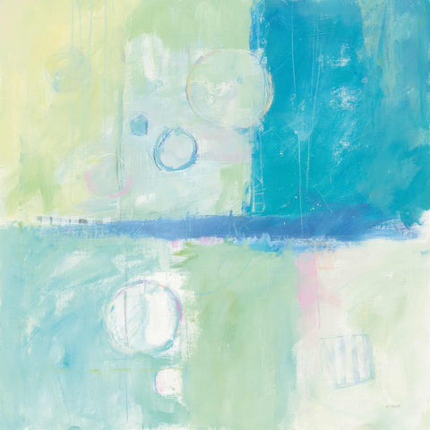 an abstract painting with blue, green, and yellow colors