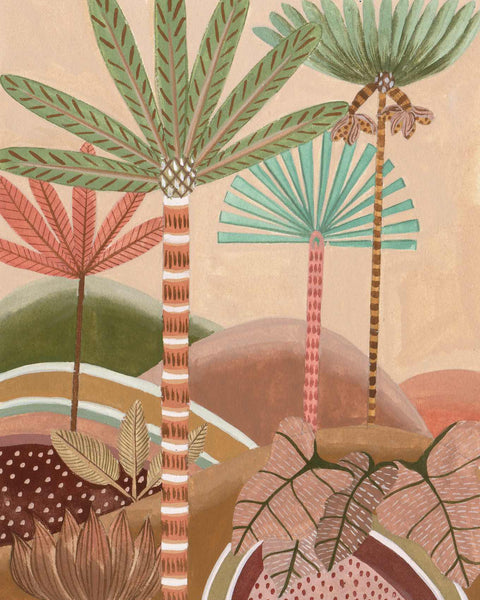 a painting of a palm tree and other plants