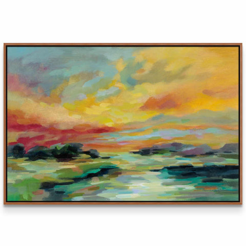 a painting of a sunset over a body of water