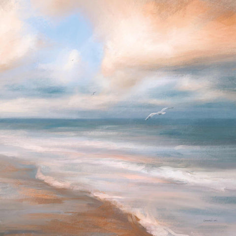 a painting of a beach with a bird flying in the sky