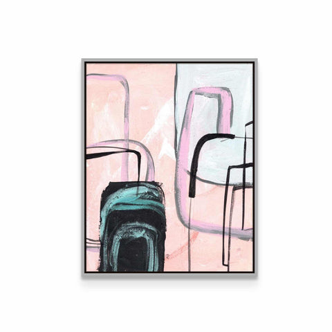 a painting of a pink and black chair