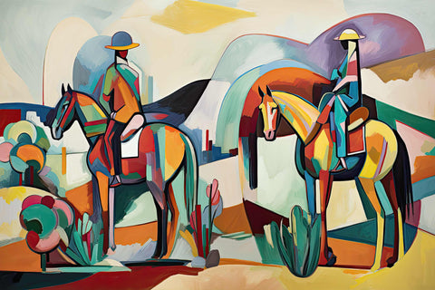 a painting of two horses and a cactus