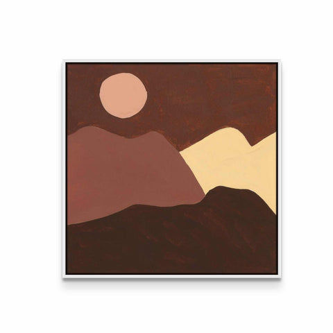 a painting of a mountain with a sun in the background