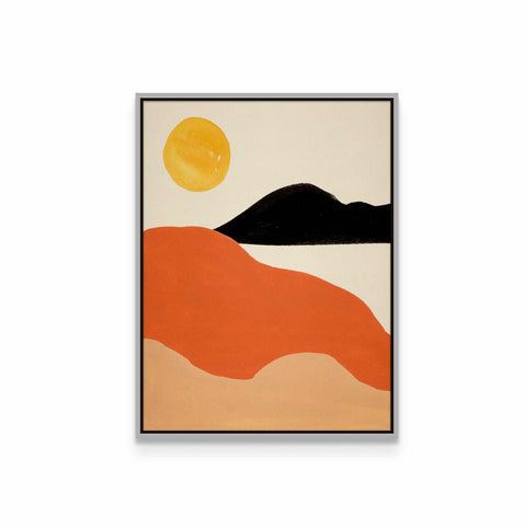 a painting of a desert with a sun in the background