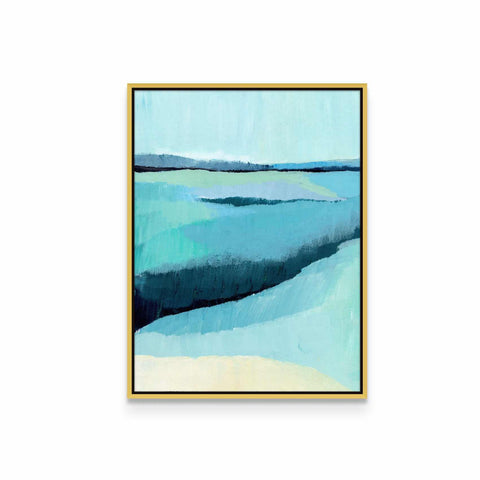 a painting of blue water with a gold frame