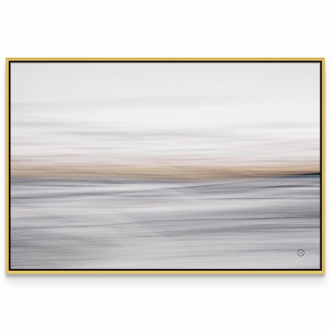 a white and grey painting with a yellow frame