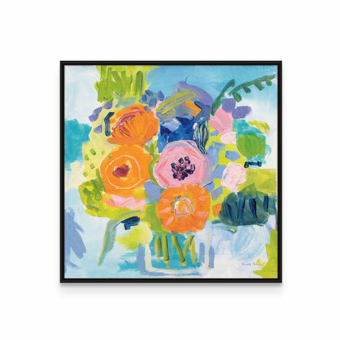 a painting of colorful flowers in a vase