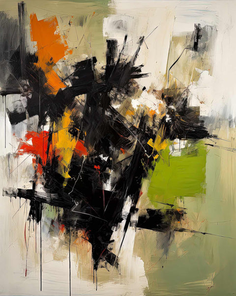 an abstract painting with black, yellow, and green colors