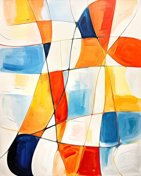 an abstract painting of orange, blue, and white shapes