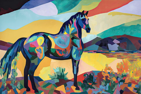 a painting of a horse standing in a field