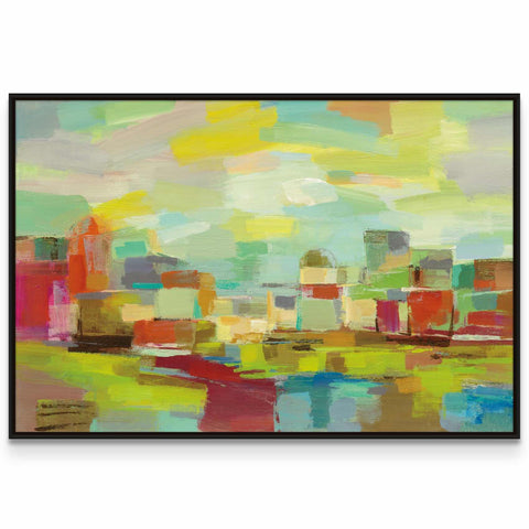 an abstract painting of a cityscape