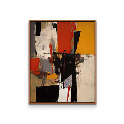 an abstract painting in a wooden frame on a white wall