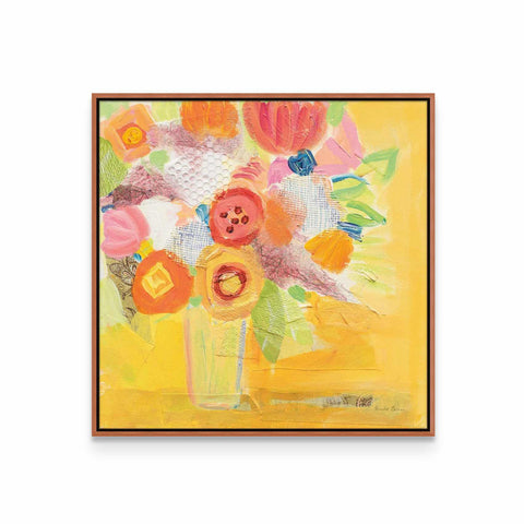 a painting of flowers in a vase on a yellow background