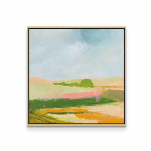 a painting of a green field with a blue sky in the background