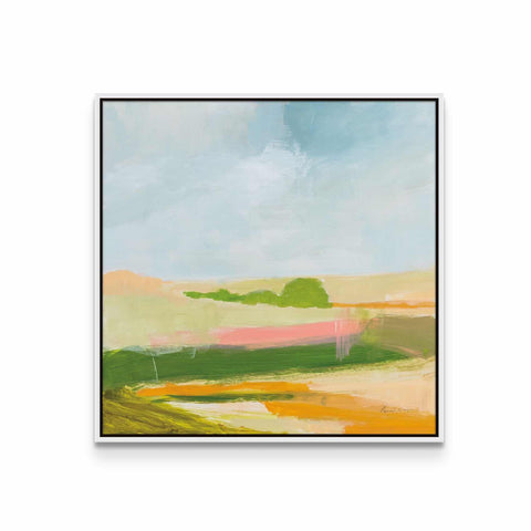 a painting of a green field with a blue sky in the background