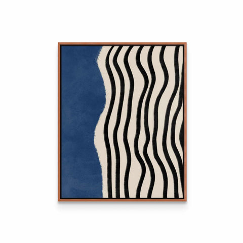 a blue and white painting with black stripes