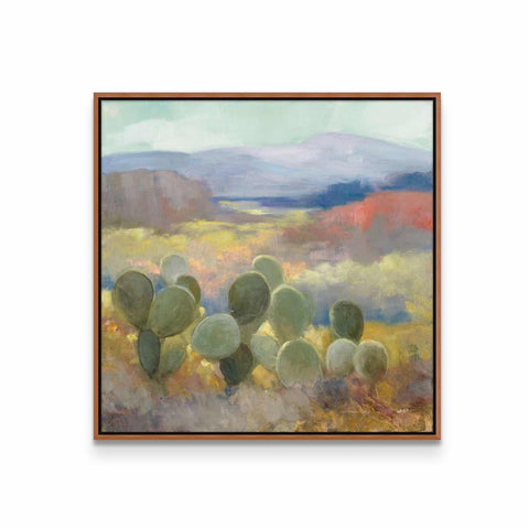 a painting of a cactus field with mountains in the background