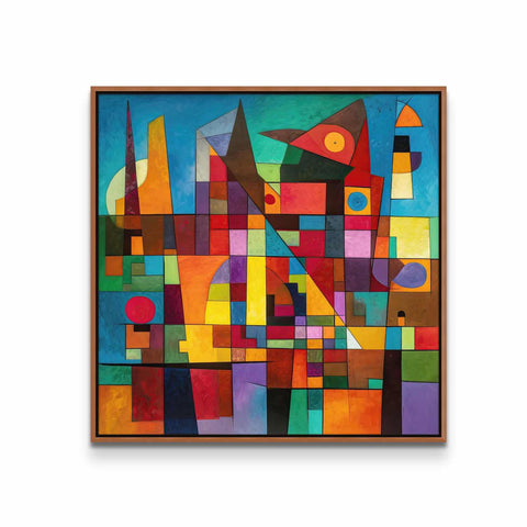 a painting of a cityscape with a wooden frame