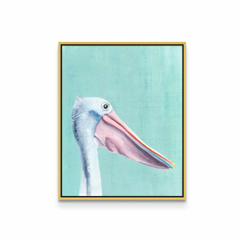 a painting of a white bird with a pink beak