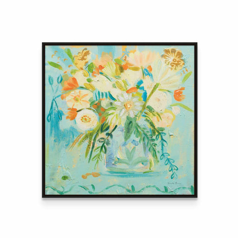 a painting of flowers in a vase on a table