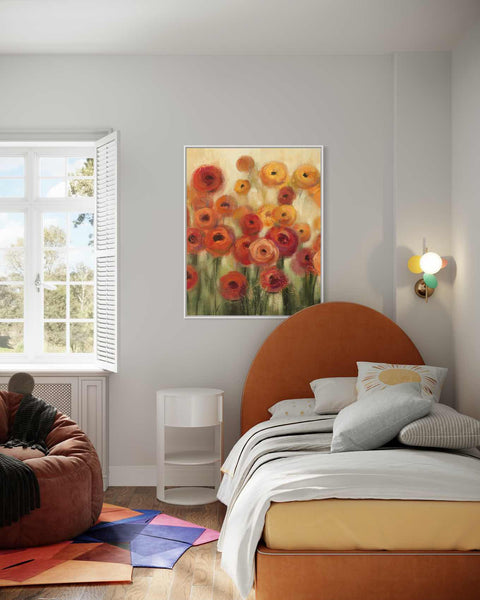 a bedroom with a bed and a painting on the wall