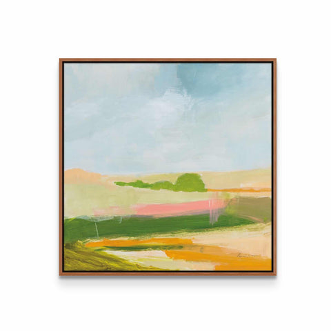 a painting of a green field with a blue sky in the background