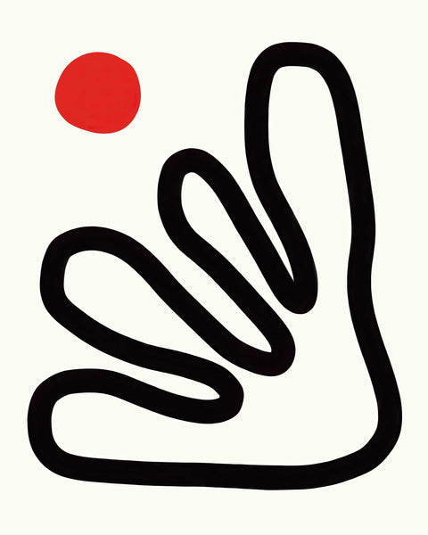 a black and white drawing of a hand with a red dot