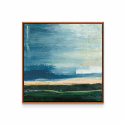 a painting of a blue and green landscape