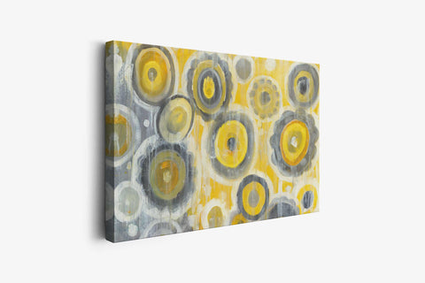 a painting of yellow and gray circles on a white background