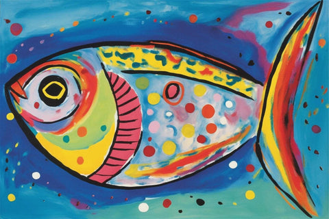 a painting of a colorful fish on a blue background