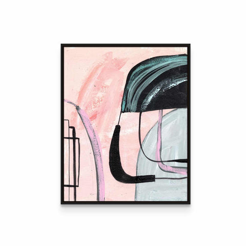 a pink and black abstract painting on a white wall