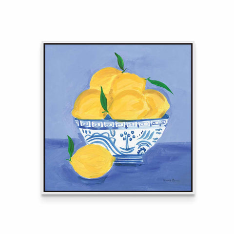 a painting of lemons in a blue and white bowl