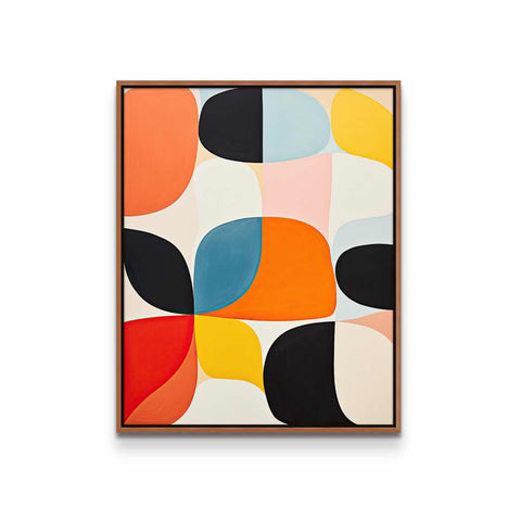 an abstract painting with a brown frame on a white wall