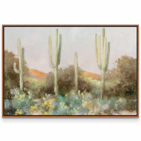 a painting of a desert scene with cactus trees