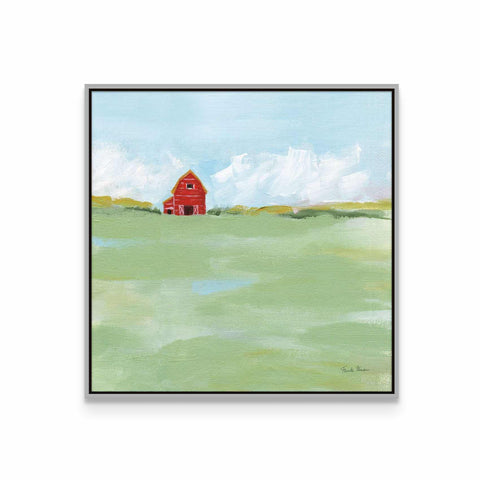 a painting of a red barn in a green field