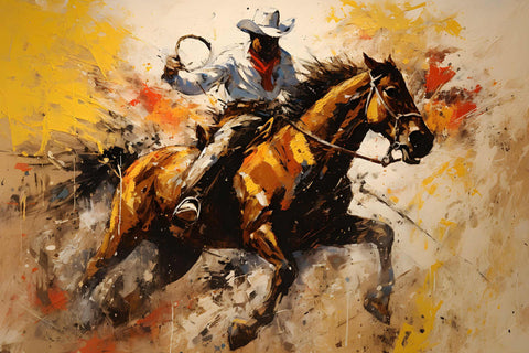 a painting of a cowboy riding a horse