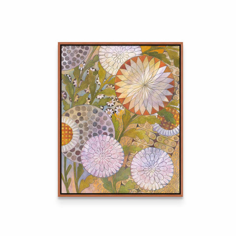 a painting of flowers and leaves on a white background