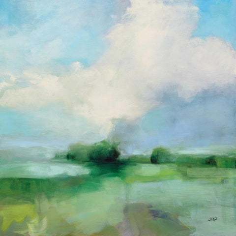 a painting of a green landscape with a blue sky