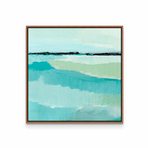 a painting of a blue ocean with a brown frame