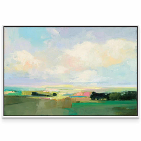 a painting of a field with clouds in the sky