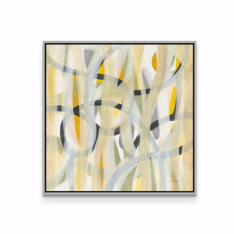 an abstract painting with yellow and grey colors