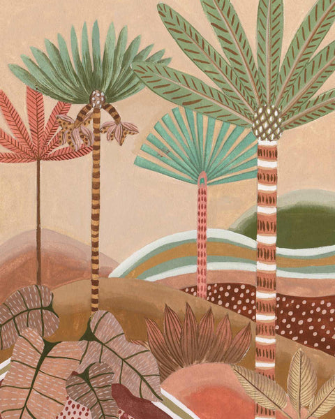 a painting of two palm trees in a desert landscape