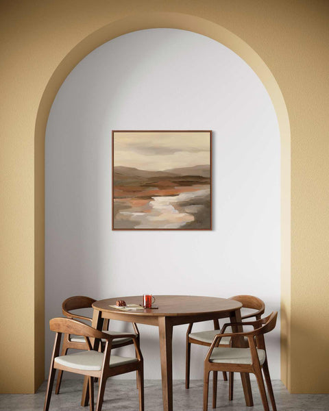 a dining room table with chairs and a painting on the wall