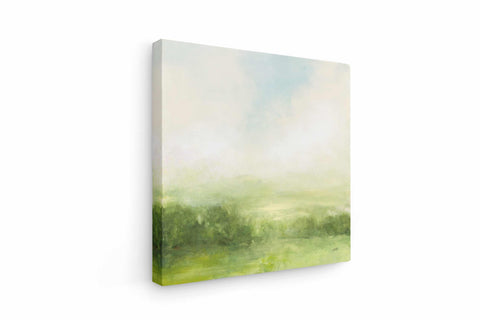 a painting of a green landscape on a white wall
