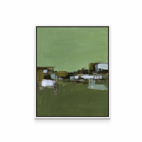 a painting of a green field with buildings in the background