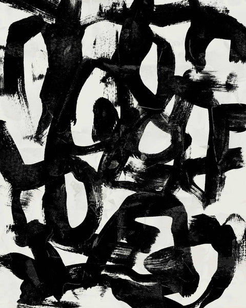 a black and white painting with a lot of letters on it