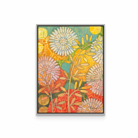 a painting of flowers on a white wall