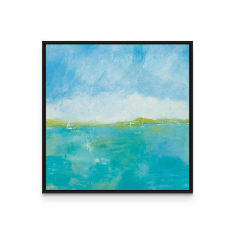 a painting of a blue ocean with a sky background