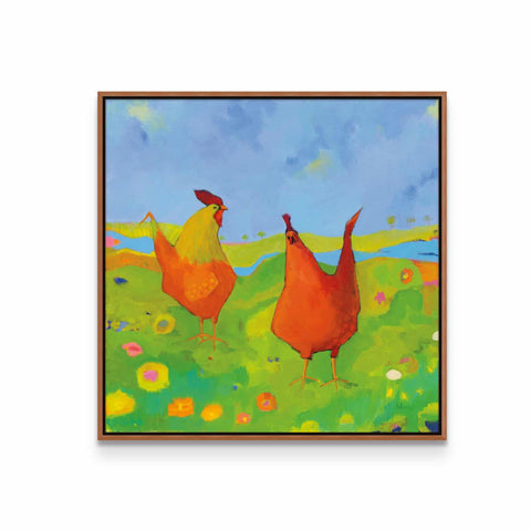 a painting of two chickens in a field