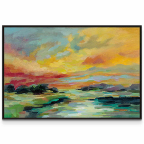 a painting of a sunset over a body of water